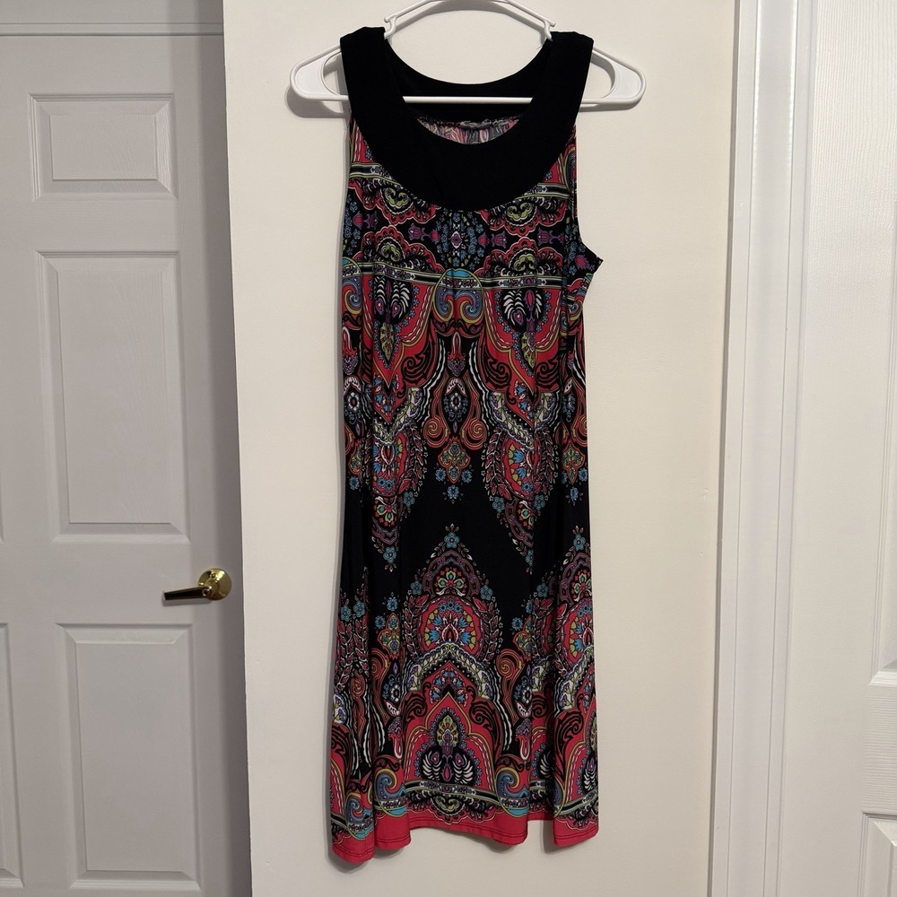 Multicolor Paisley Scoop Neck Sleeveless Dress Regular Black Collar Women med